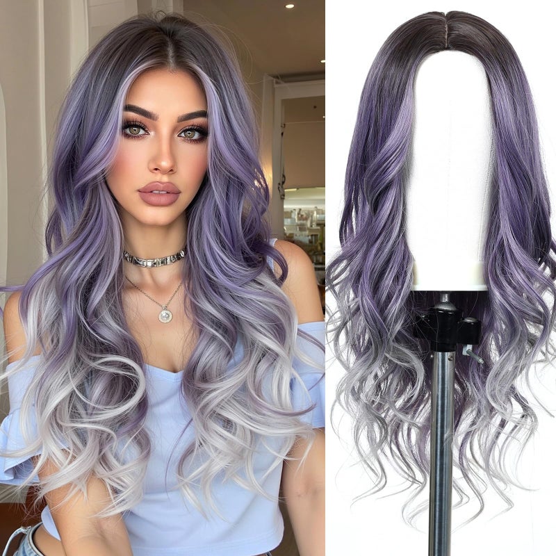 Esmee 24 Inches Ombre Purple to Grey Wigs for Women Synthetic Heat Resistant Fiber Natural Long Wave Wigs for Daily Party Cosplay Wear